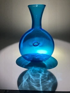 Vintage Blenko 441 S Donut Vase Pinched center Turquoise Blue 7-1/2" - Picture 1 of 10