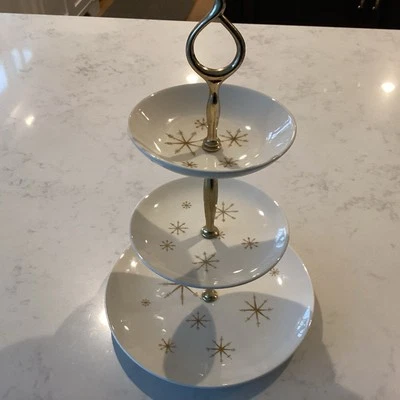 "BANDEJA SOPORTE POSTRE VINTAGE AÑOS 60 MCM RETRO ATOMIC STARBURST 3 NIVELES 14""" Foto 1 de 4