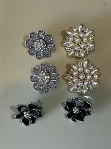 Vintage Pierced Back Black Enamel & Rhinestone  Faux Pearls Earrings Lot - Picture 1 of 5