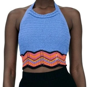 Zara Crochet Knit Blue Coral Open Back Halter Crop Top Size Small - Picture 1 of 12