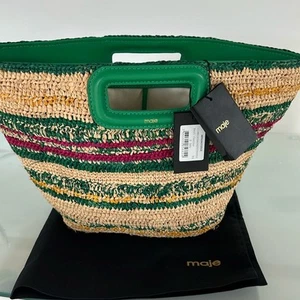 NWT $385 MAJE Vert Casino leather straw satchel bag green berry natural - Picture 1 of 16