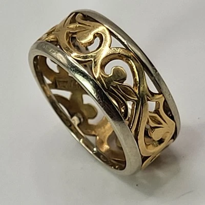 Vintage 14k Yellow/White Gold Open Leaf Scroll-Work Wedding Band Ring Sz 6.5  - Image 1 of 4