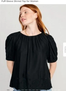 Old Navy Black Puff Sleeve Shirred Eyelet Blouse Top L - Picture 1 of 10