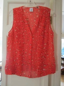 CAbi Medium Pintuck Sleeveless Coral Floral Sheer Blouse #5350 Exc.used conditio - Picture 1 of 4