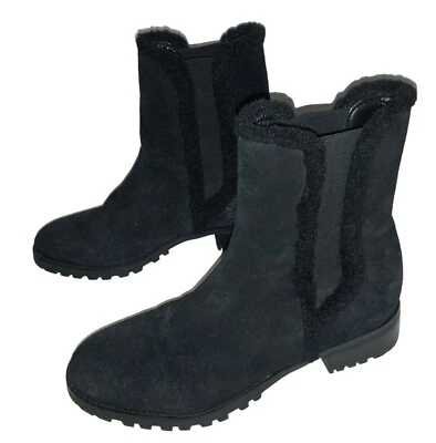 TALBOTS Tish Black Leather Suede Shearling Trim Mid Calf Chelsea Boots 10M - Image 1 of 4