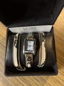 La Mer Collections White Dial Silver Tone Rectangle Case 3 Wrap Bands Watch - Picture 1 of 9