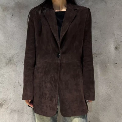 Women's Brown Suede Leather Coat Vintage One Button Long Jacket Medium Large XL - Image 1 of 4