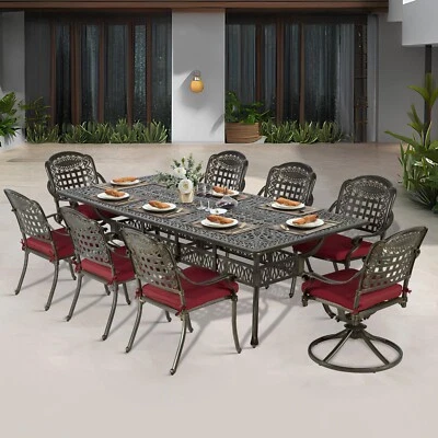 Juego de sillas de mesa de patio de 9 piezas de aluminio fundido para 8 muebles de comedor de exterior Foto 1 de 4