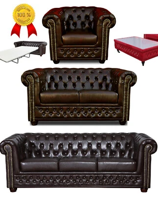 % Chesterfield SET 3 Sitzer SOFA Sessel Hocker BETT Tisch Dunkelbraun Leder Look