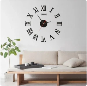 Black 3D DIY Large Roman Numerals Wall Mounted Sticker Clock Home Office Decor - Picture 1 of 11