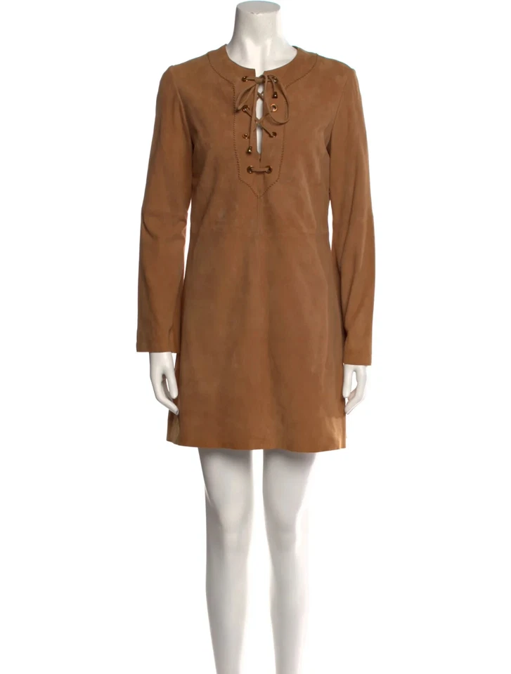 TORY BURCH Brown Tan Suede Genuine Leather Lace-Up Mini Western Cowgirl Dress 10 - Image 1 of 4