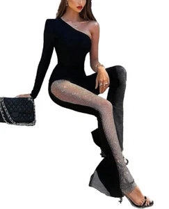 Shein Trend Elegant Mesh Patchwork Streetwear Jumpsuit One Shoulder Backless - Picture 1 of 2