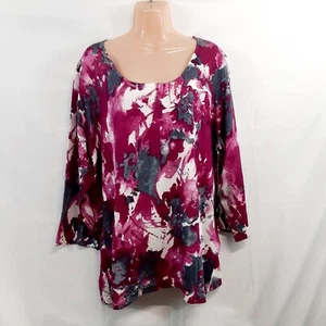 Jones New York Top Blouse Shirt Women 2X Maroon Floral Round Neck Knit 3/4 S - Picture 1 of 13