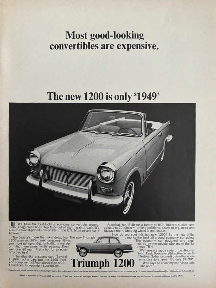 1960s Triumph 1200 Automobile Convertible 80 MPH Economy Vintage Print Ad - Image 1 of 1