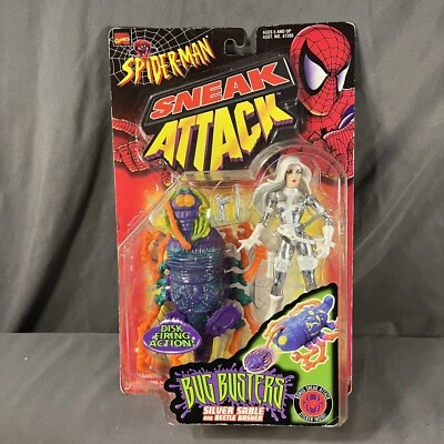 Toy Biz Marvel Spiderman 1998 Sneak Attack Bug Busters Silver Sable Foto 1 de 3