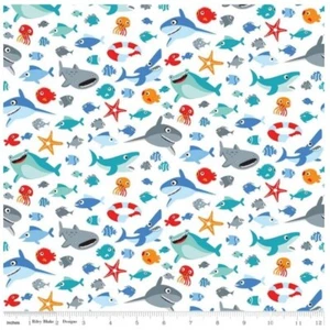 Nautical Kids Fabric - Sharktown Sharks Jelly Fish White - Riley Blake 21" - Picture 1 of 1