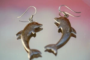 Vintage Sterling Silver 925 Earrings Dolphins 4.33g Drop Dangle - Picture 1 of 9