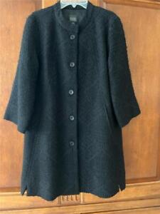 EILEEN FISHER Black Boucle Jacquard Coat Jacket 100% Wool Silk Lined Size XS