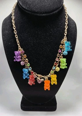 Betsey Johnson BJ Gold Tone Rainbow Gummy Bear Rhinestone Necklace 17"+ 3" - Image 1 of 4