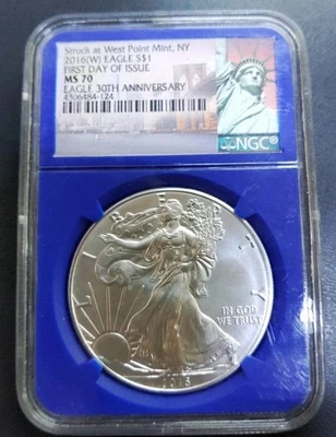 struck at West point mint, NY 2016 (W) eagle S$1 first day of issue MS 70 eagle - Image 1 of 4