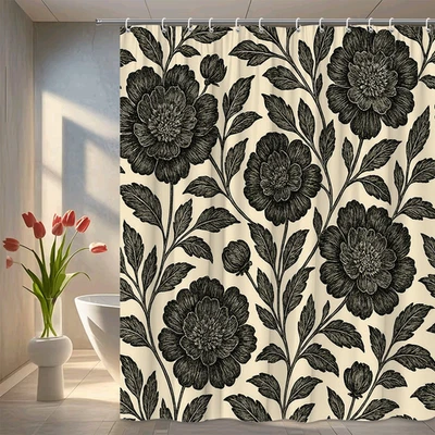 Cortina de Ducha Floral Negra Sobre Fondo Crema, Elegante Decoración Baño Foto 1 de 4