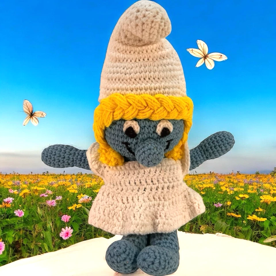 Handcrafted Smurfette Crochet Doll Yellow Braided Hair White Dress Blue Body 17" - Image 1 of 4