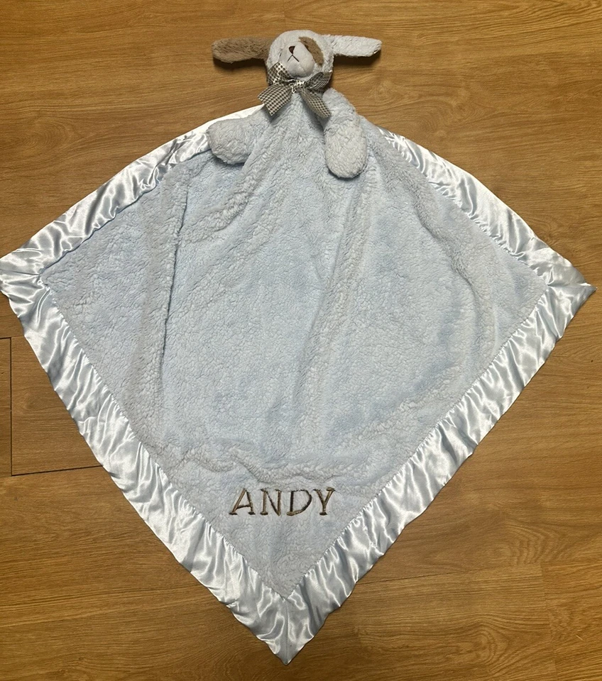 Bearington Baby Collection Blue Puppy Dog Lovey Blanket Personalized Andy Satin - Image 1 of 4