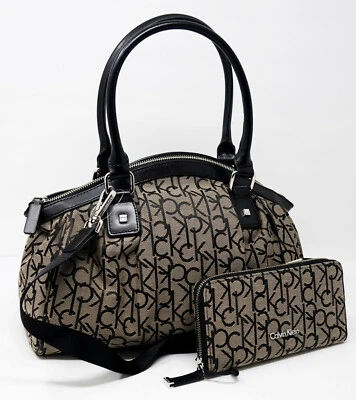 NEW (small flaw) Calvin Klein Black Gray Logo Tote Handbag Purse + Wallet Set - Image 1 of 4