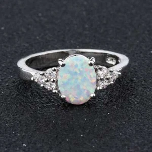 Anillo de joyería de piedras preciosas de oro blanco de ley 925 de plata ópalo de fuego para mujer talla 6-10 - Imagen 1 de 10