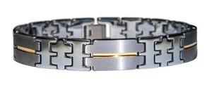 Men's Tungsten Bracelet - Shiny Polished & Matte Finish w/ Gold IP Accent NEW - Picture 1 of 2
