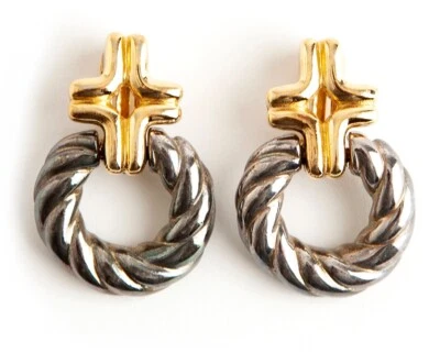 Brincos vintage Givenchy Paris tom de ouro e prata corda porta gota - Imagem 1 de 4