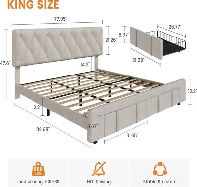 Marco de cama plataforma tapizada tamaño completo/queen/king con cajones y cabecero Foto 1 de 4