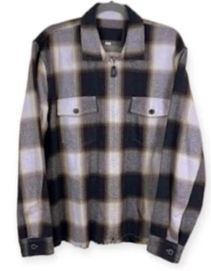 7 For All Mankind Men’s Plaid Zip Shirt Jacket Shacket Brown Cream Fray Hem - Picture 1 of 13