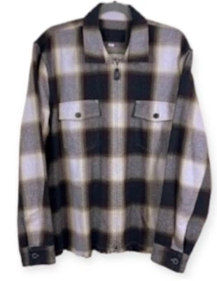 7 For All Mankind Para hombres Camisa a Cuadros Cremallera Chaqueta Cazadora Marrón Crema Dobladillo Deshilachado Foto 1 de 4