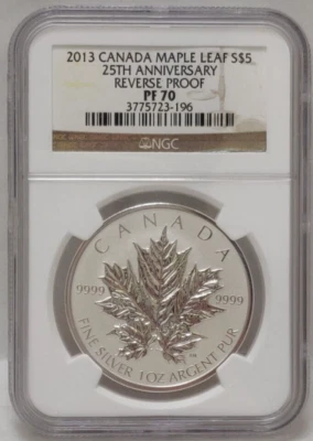Moneda de 5 dólares 2013 hoja de arce Canadá prueba reverso 25 aniversario NGC PF 70 Foto 1 de 4
