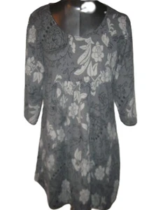 REBORN Floral Fit and Flare Gray Empire Dress Tunic Top Blouse Jrs L Lagenlook - Picture 1 of 7