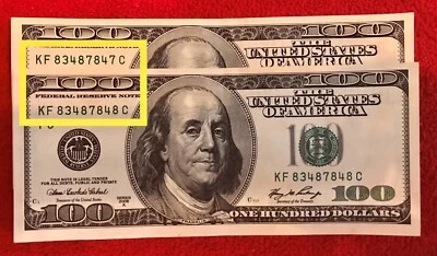 CRISP $100 CU US SERIES 2006 A BANK NOTE SEQUENTIAL SERIAL NUMBERS LOT OF 2 - Image 1 of 4