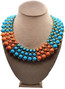 IMAN Faux Turquoise & Coral Beaded Statement Necklace Collar Gold Tone NWT - Picture 1 of 7