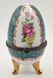 Vintage Porzellan drei Tafeln Blumendesign Eierform aufklappbar Fuß Schmuckschatulle 4" hoch - Bild 1 von 6