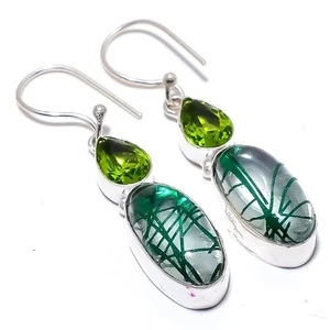 Green Rutile Quartz, Peridot Gemstone 925 Sterling Silver Jewelry Earring 2.1" - Picture 1 of 5