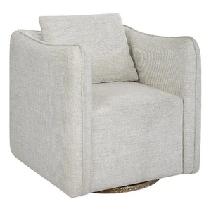 Uttermost Corben Farmhouse Wood and Fabric Swivel Armchair in Off White - Picture 1 of 10