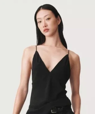 Camiseta sin mangas Zara negra satinada cuello en V correa de espagueti camisola capa básica talla S Foto 1 de 4