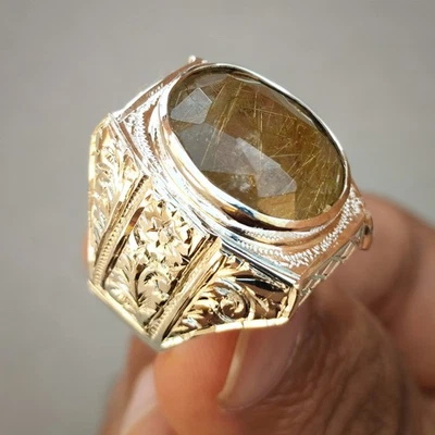 Anillo de cuarzo rutilado hecho a mano de plata esterlina 925 natural Muh e Najaf para hombre Foto 1 de 4
