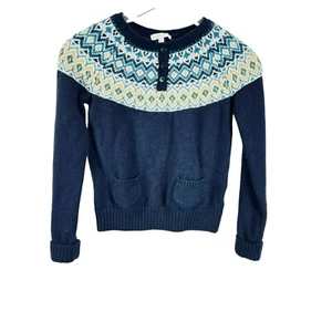 Jacadi Paris Kids Girls Knitted Henley Sweater Fair Isle Wool Blend Navy 8A/Y - Picture 1 of 9