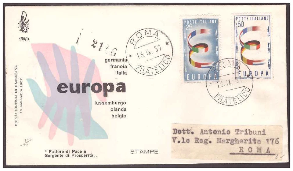 FDC Venetia Club 1957 - Europa Cept Viaggiata Racc - Image 1 of 1