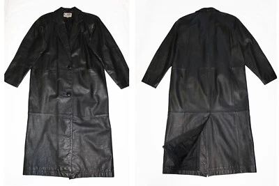 Abrigo Plumero George III Vintage Años 90 Negro Cuero Real Maxi Abrigo, Hombre M, Mujer L Foto 1 de 4