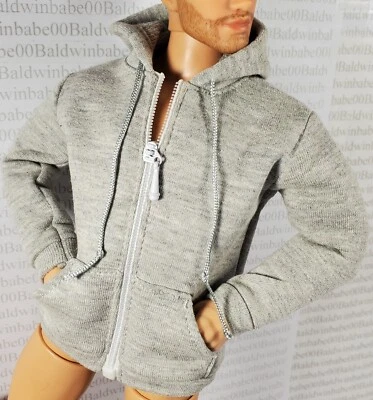 N30 (E) ~ FITS KEN TOP ~ BUFF MADE TO MOVE DOLL SIZE GRAY HOODIE SWEATSHIRT - Image 1 of 4