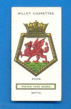 SHIPS BADGES.No.9.H.M.S.CAMBRIAN.LIGHT CRUISER.WILLS CIGARETTE CARD ISSUED 1925