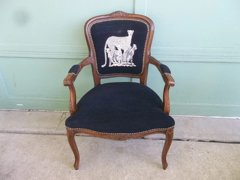 Carved Wooden Black Upholstered Armchair w/ Cheetah Family Motif- Made in Italy Cover