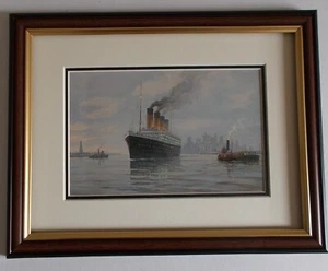 FRAMED SHIPPING PRINT OLYMPIC LEAVING NEW YORK 1930 - Picture 1 of 2